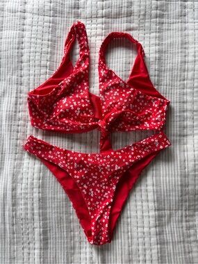 Zaful Red Floral Tie-Front Bikini Set